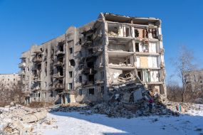 A residential apartment building that was hit by an aerial bomb