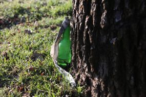Molotov cocktail bottle at the site of the death of territorial defense fighters in Lilac Park in Kherson