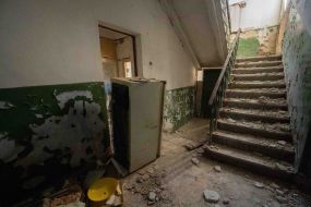 An apartment building damaged by the explosion