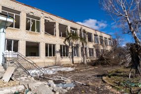 The destroyed school building in the village of Prudyanka, Kharkov region