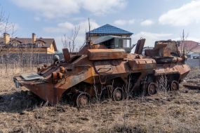 Burnt Russian armored personnel carrier in the village of Tsirkuny, Kharkiv region