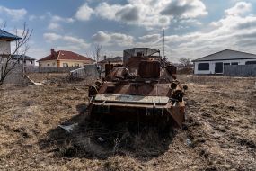 Burnt Russian armored personnel carrier in the village of Tsirkuny, Kharkiv region