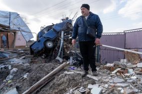 A house destroyed as a result of hostilities in the village of Tsirkuny, Kharkiv region