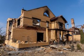 A house destroyed as a result of hostilities in the village of Tsirkuny, Kharkiv region
