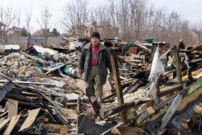 A house destroyed as a result of hostilities in the village of Tsirkuny, Kharkiv region