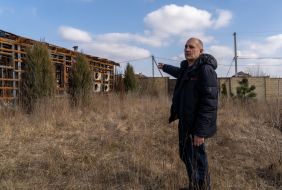 A house destroyed as a result of hostilities in the village of Tsirkuny, Kharkiv region