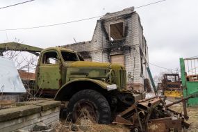 Destroyed house in the village of Russian Tishki, Kharkov region