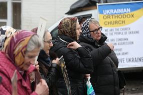 Believers of the Ukrainian Orthodox Church of the Moscow Patriarchy on the territory of the Kyiv-Pechersk Lavra
