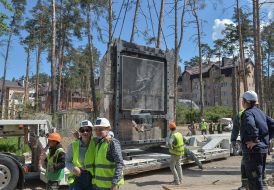 A piece of wall with graffiti by Banksy from a destroyed house in Irpen