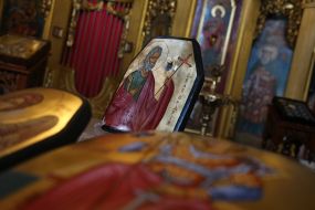 Icon of St. Andrew the Apostle on the armor plate from the bulletproof vest
