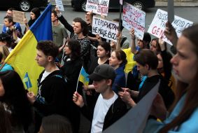 Protest action near the office of the UN mission in Ukraine with demands to recognize the undermining of the Kakhovskaya HPP as a war crime