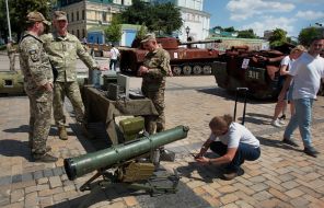 Destroyed Russian military equipment on Mykhailivska Square