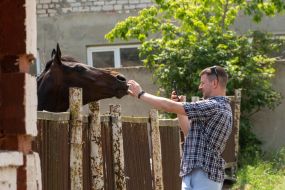 A soldier of the Ukrainian army communicating with the horse during a session of hippotherapy