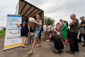 Local residents receive humanitarian aid in the Kharkiv region