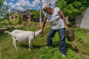 Woman near a goat against the background of a destroyed house