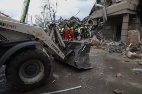 Search operations and demolition of debris at the site of the Russian missile landing in Odessa