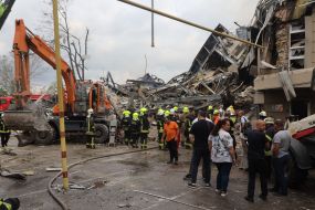 Search operations and demolition of debris at the site of the Russian missile landing in Odessa