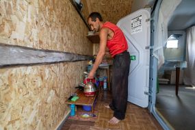Local resident Mikhail Steshenko lives in a modular house