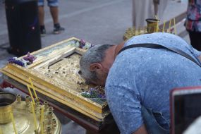 Believers in the damaged Transfiguration Cathedral
