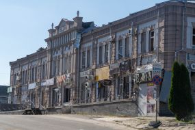 Ruined commercial building in Kupyansk