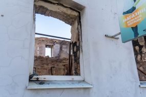 Ruined commercial building in Kupyansk