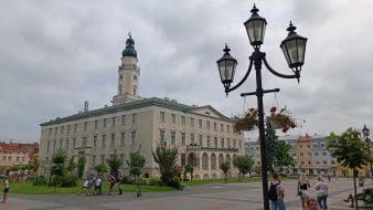 The 40-meter clock tower of the city hall of the city of Drohobych in the Lviv region