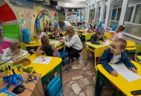 First graders study in the metro in Kharkiv