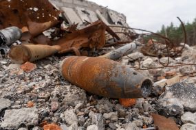 Remains of Russian ammunition in a bombed warehouse