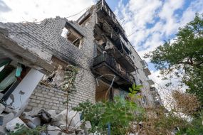 An apartment building destroyed by an aerial bomb dropped from a Russian plane