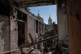 View of the Church of the Exaltation of the Cross from the school destroyed by Russian troops in the town of Izyum, Kharkiv Region