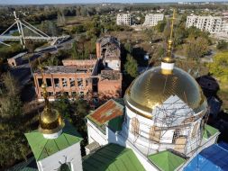 A view of the damaged roof of the Church of the Exaltation of the Cross in Izyum, Kharkiv Region