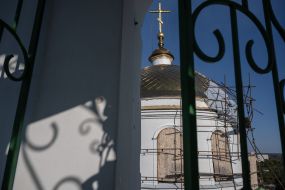 A view of the damaged bathhouse of the Church of the Exaltation of the Cross in the city of Izyum, Kharkiv region