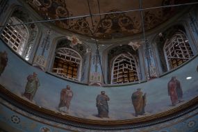 A view of the damaged windows of the Church of the Exaltation of the Cross in the city of Izyum, Kharkiv region