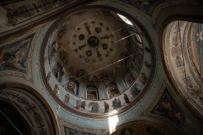 View from the middle of the damaged bathhouse of the Church of the Holy Cross in the city of Izyum