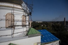 A view of the damaged roof of the Church of the Exaltation of the Cross in Izyum, Kharkiv Region
