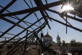 View of the Church of the Exaltation of the Cross from the school destroyed by Russian troops in the town of Izyum, Kharkiv Region