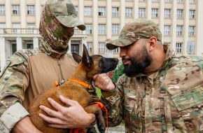 Cynologists hold puppies in their arms
