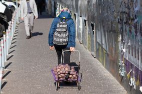 A woman carries potatoes in a net on a cart on the street in Kyiv
