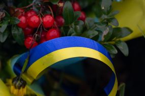Viburnum branch and ribbon in the colors of the Ukrainian flag