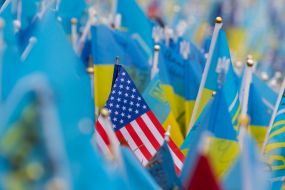 Ukraine flags and USA flag