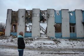Destroyed bus station building in Trostyanets