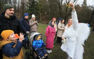 Participant of a theatrical nativity play in the guise of an angel
