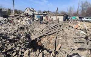 A destroyed house in the city of Mirnograd, Donetsk region