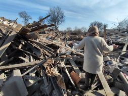 A destroyed house in the city of Mirnograd, Donetsk region
