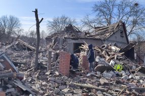 A destroyed house in the city of Mirnograd, Donetsk region