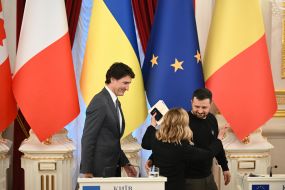 Justin Trudeau, George Maloney and Volodymyr Zelenskyi