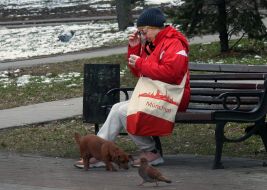 A woman rests on a park bench in Kyiv