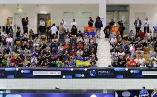 Болельщики с флагом Украины на Кубке мира по прыжкам в воду