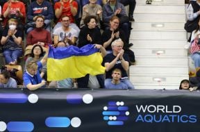 Болельщики с флагом Украины на Кубке мира по прыжкам в воду