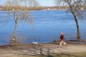 A woman with a dog are walking in Natalka Park